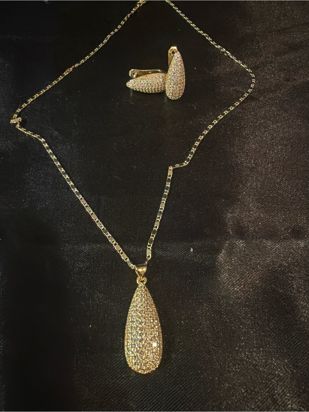 Gold Pave Teardrop Necklace and Matching Earrings - Gold